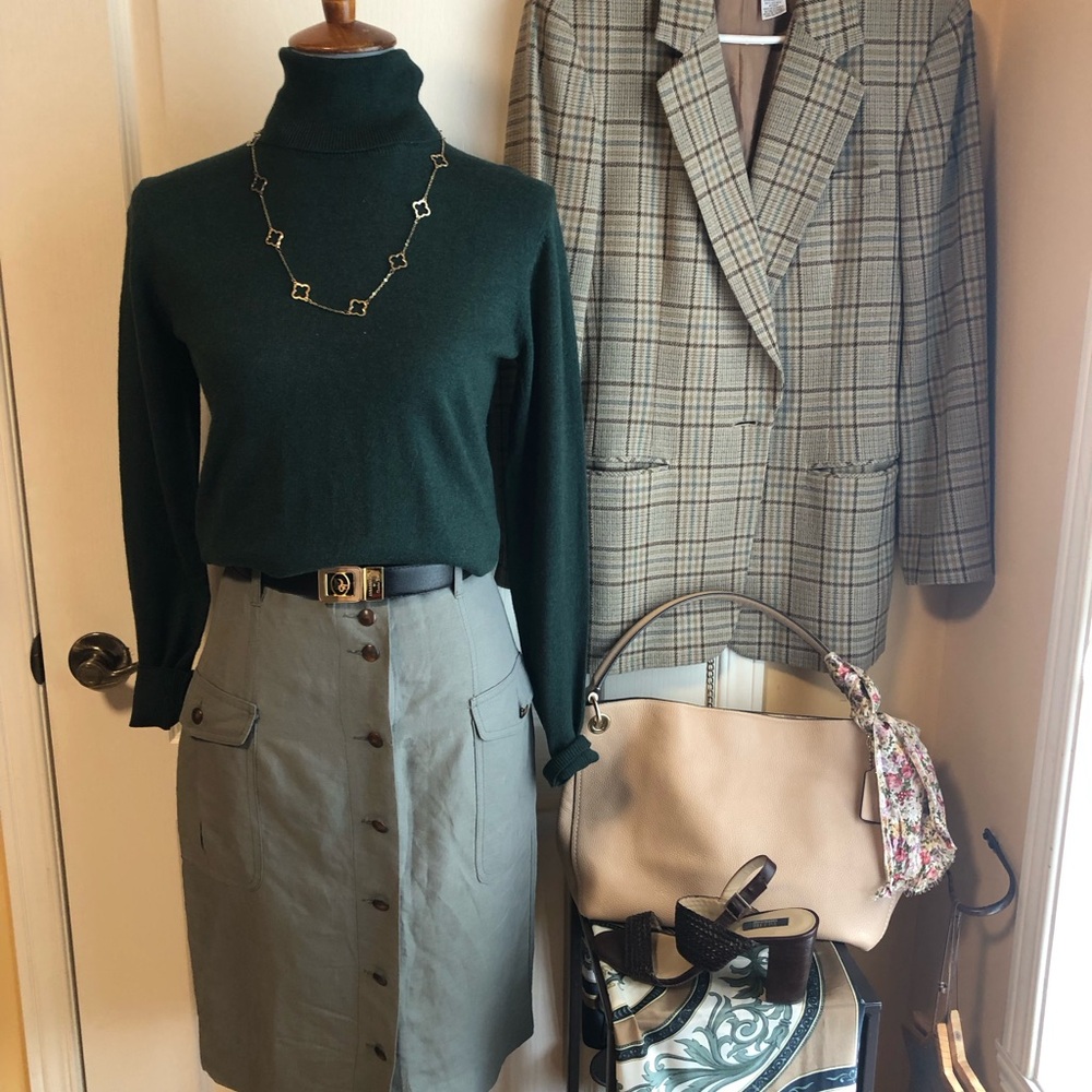 Vintage Olive Button-Front Pencil linen Skirt